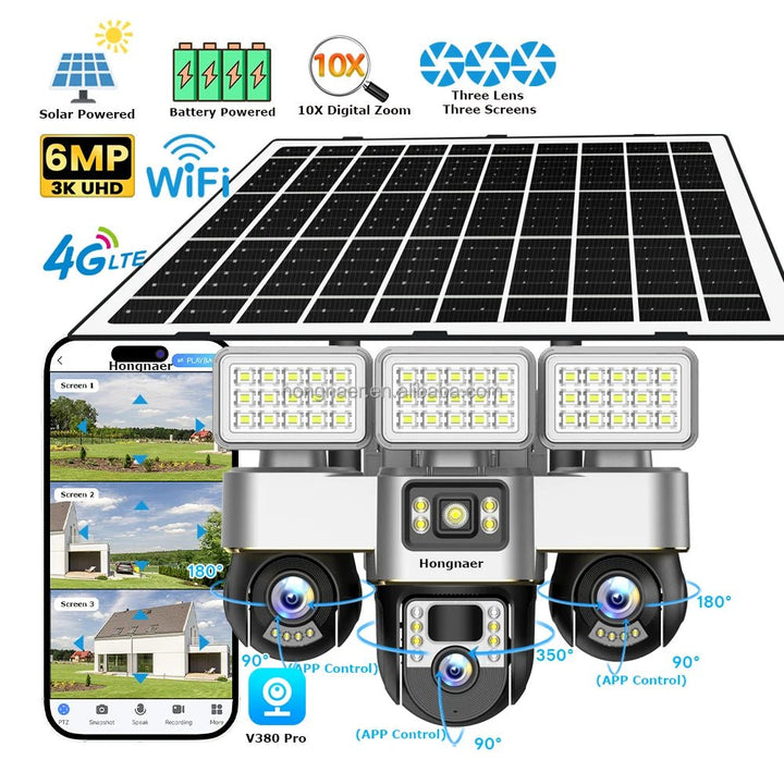 Hongnaer 6MP 3 Video 3 Lens Wireless Solar Panel Powered CCTV PTZ Camera V380 Pro Outdoor 4G Sim Card Solar Security Camera - AlifdukanAlifdukan types here :)