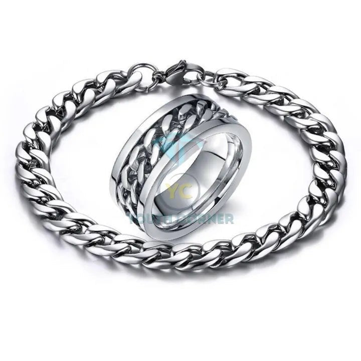 Hot Deal Set Of Spinner Ring & Cuban Link Chain For Men & Boys Jewellery Set Gift For Men - AlifdukanAlifdukan types here :)