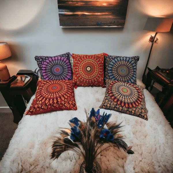 Indian Handloom Cotton Mandala Pillow Cover for Living Room, Ethnic Art Cushion Cover for Sofa, Couch, Bedroom, Car (Set of 5, Multicolor) (Kantha Stitch Fruit Case, 18X18 Inches) - AlifdukanAlifdukan types here :)