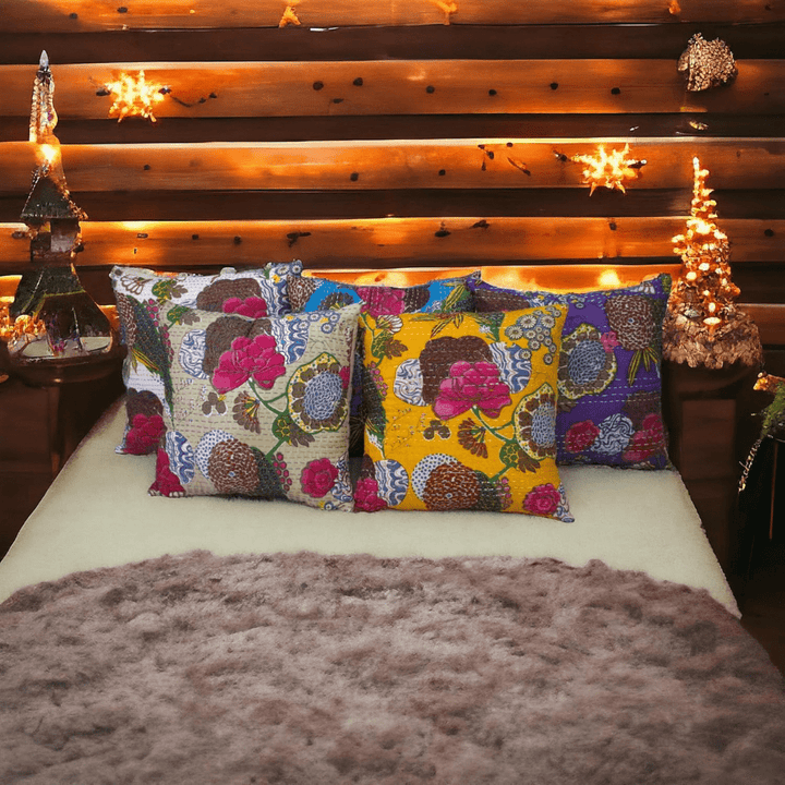 Indian Handloom Cotton Mandala Pillow Cover for Living Room, Ethnic Art Cushion Cover for Sofa, Couch, Bedroom, Car (Set of 5, Multicolor) (Kantha Stitch Fruit Case, 18X18 Inches) - AlifdukanAlifdukan types here :)