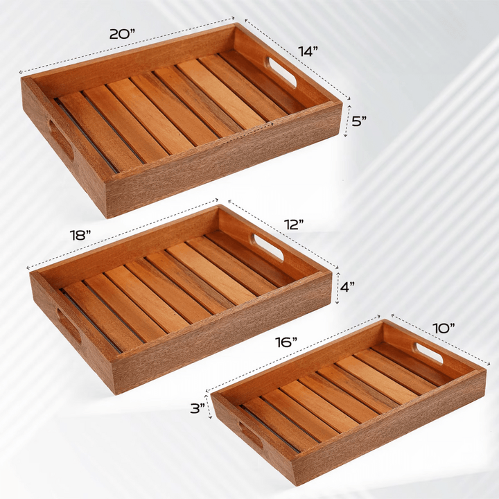 Large Wooden Serving Tray with Handles, Serving Board, Cheese Platter | Wooden Catchall Tray | Rectangle Acacia Wood Tea Tray set of 3 - AlifdukanUsama ielahi types here :)