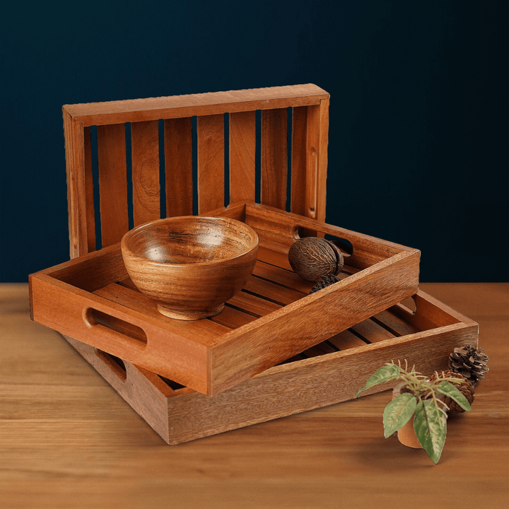 Large Wooden Serving Tray with Handles, Serving Board, Cheese Platter | Wooden Catchall Tray | Rectangle Acacia Wood Tea Tray set of 3 - AlifdukanUsama ielahi types here :)