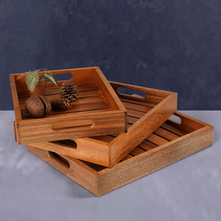 Large Wooden Serving Tray with Handles, Serving Board, Cheese Platter | Wooden Catchall Tray | Rectangle Acacia Wood Tea Tray set of 3 - AlifdukanUsama ielahi types here :)