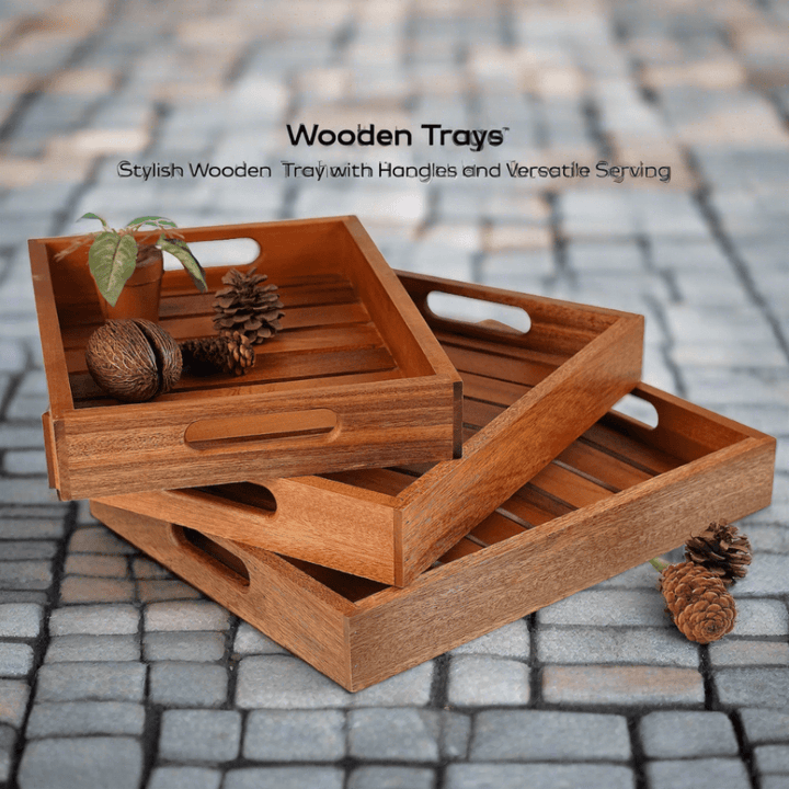 Large Wooden Serving Tray with Handles, Serving Board, Cheese Platter | Wooden Catchall Tray | Rectangle Acacia Wood Tea Tray set of 3 - AlifdukanUsama ielahi types here :)