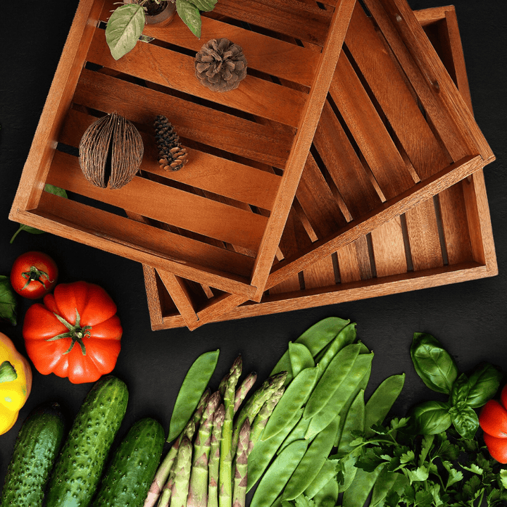 Large Wooden Serving Tray with Handles, Serving Board, Cheese Platter | Wooden Catchall Tray | Rectangle Acacia Wood Tea Tray set of 3 - AlifdukanUsama ielahi types here :)