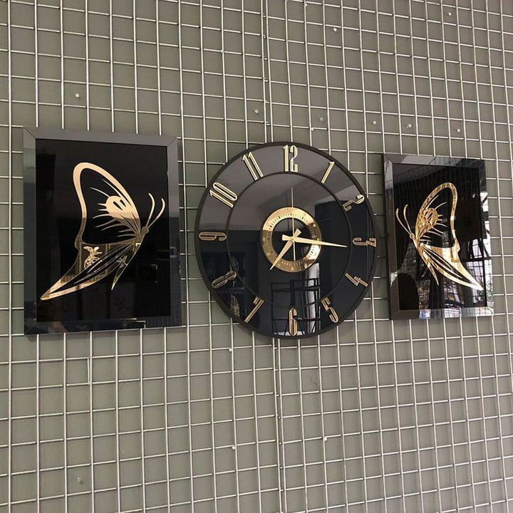 "Luxury Black & Gold Wall Clock Set with Butterfly Art .