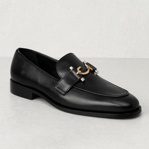 "Luxury Black Leather Loafers with Gold Buckle – Classic Elegance" - Alifdukanstylebyalif types here :)