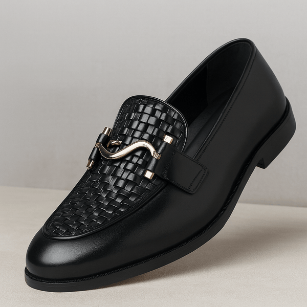 "Luxury Black Woven Leather Loafers with Gold Buckle – Modern Elegance" - Alifdukanstylebyalif types here :)