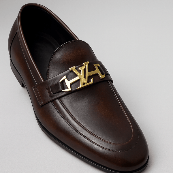 "Luxury Brown Leather Loafers with Gold Emblem – Signature Style" - Alifdukanstylebyalif types here :)