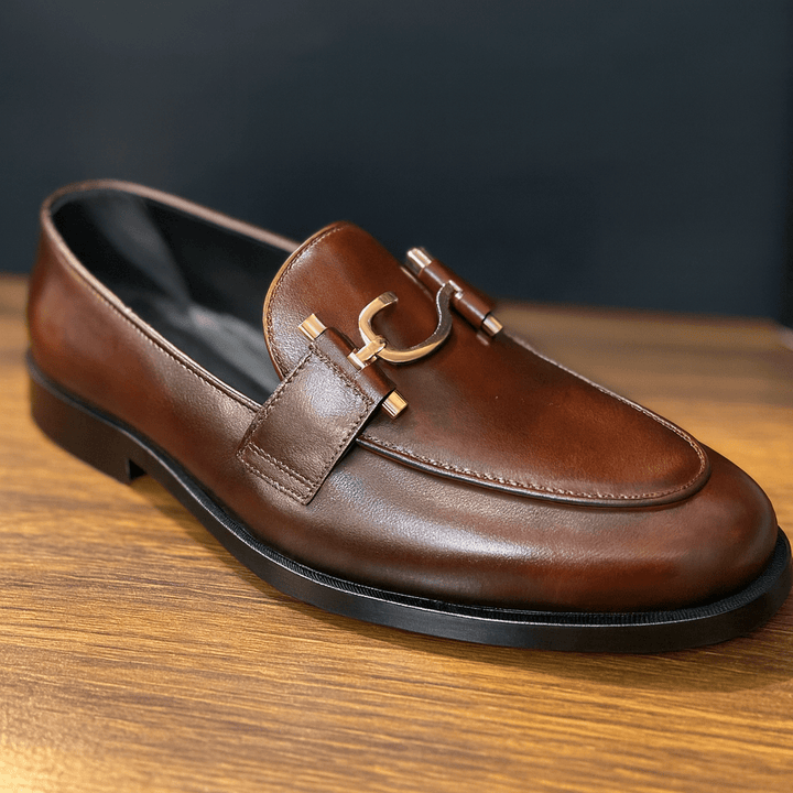 "Luxury Brown Leather Loafers with Gold Horsebit Buckle" - Alifdukanstylebyalif types here :)