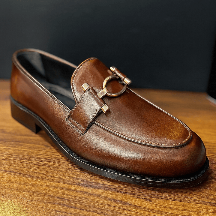 "Luxury Brown Leather Loafers with Gold Horsebit Buckle" - Alifdukanstylebyalif types here :)