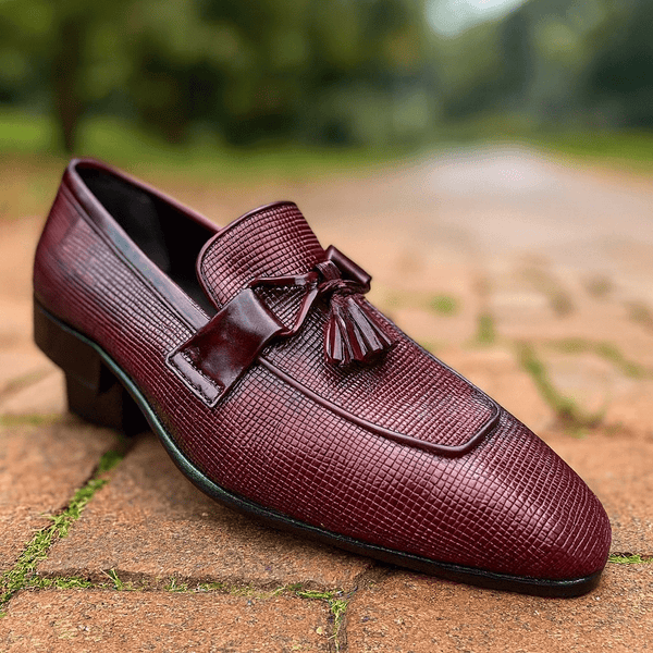 "Luxury Burgundy Textured Leather Tassel Loafers – Classic Elegance" - Alifdukanstylebyalif types here :)
