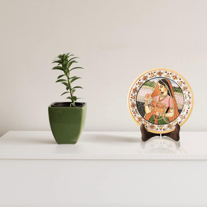 Marble Decorative Plate Traditional Indian Handpainted Round Shape Showpiece Pottery Plate with Stand for Decoration Home Office Décor and Gifting (Rajasthani Lady) - AlifdukanAlifdukan types here :)