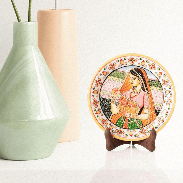 Marble Decorative Plate Traditional Indian Handpainted Round Shape Showpiece Pottery Plate with Stand for Decoration Home Office Décor and Gifting (Rajasthani Lady) - AlifdukanAlifdukan types here :)