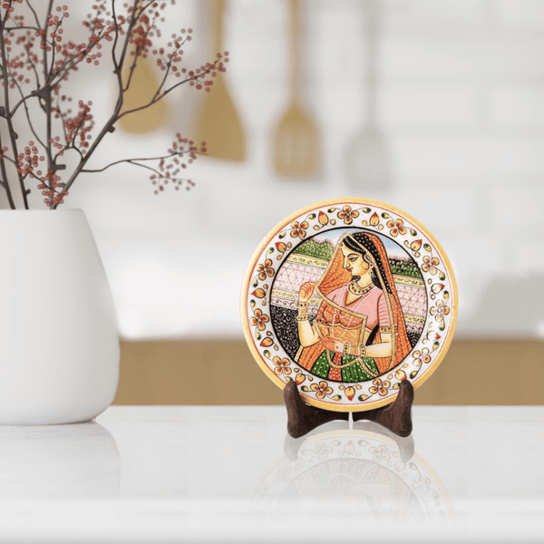 Marble Decorative Plate Traditional Indian Handpainted Round Shape Showpiece Pottery Plate with Stand for Decoration Home Office Décor and Gifting (Rajasthani Lady) - AlifdukanAlifdukan types here :)