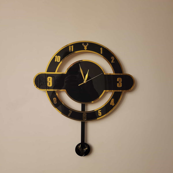 Modern Dual - Layer Deer Pendulum Acrylic Wall Clock – Black & Gold (16 Inches) - AlifdukanMini Supplier types here :)