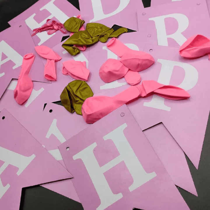 Paper Golden Happy Birthday Banner, 12 baloon For Decoration Use - AlifdukanAlifdukan types here :)