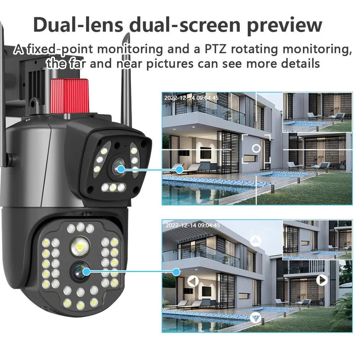 PTZ WIFI OUTDOOR DURAL LENS 2MP+2MP 4MP IN TOTAL DURAL IR LED COLORVU NIGHT VISION APP V380 PRO - AlifdukanAlifdukan types here :)