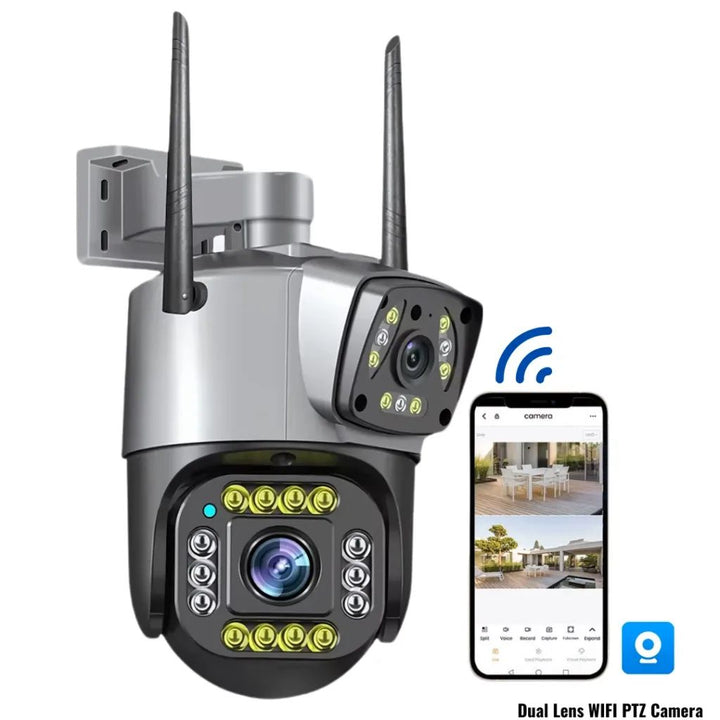 PTZ WIFI OUTDOOR DURAL LENS 2MP+2MP 4MP IN TOTAL DURAL IR LED COLORVU NIGHT VISION APP V380 PRO - AlifdukanAlifdukan types here :)