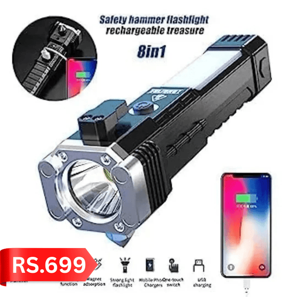 Rechargeable Safety Hammer Flashlight | Emergency Tool, Power Bank, and Magnet Torch - AlifdukanAlifdukan types here :)
