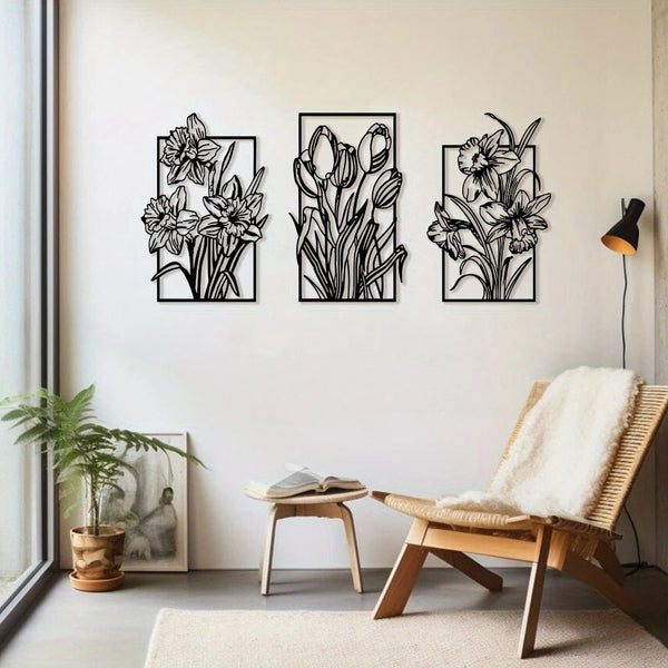 Set of 3 Large Metal Wall Art, Abstract Floral Wall Art, 