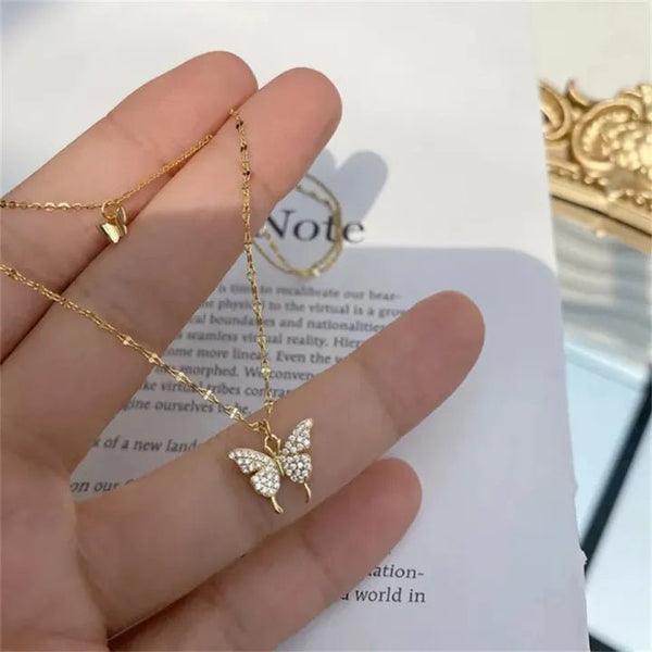 Shiny Double Chain Butterfly Necklace for Girls Exquisite Double Clavicle Chain Necklace for Women Crystal Elegant Wedding Jewelry Gifts - AlifdukanAlifdukan types here :)