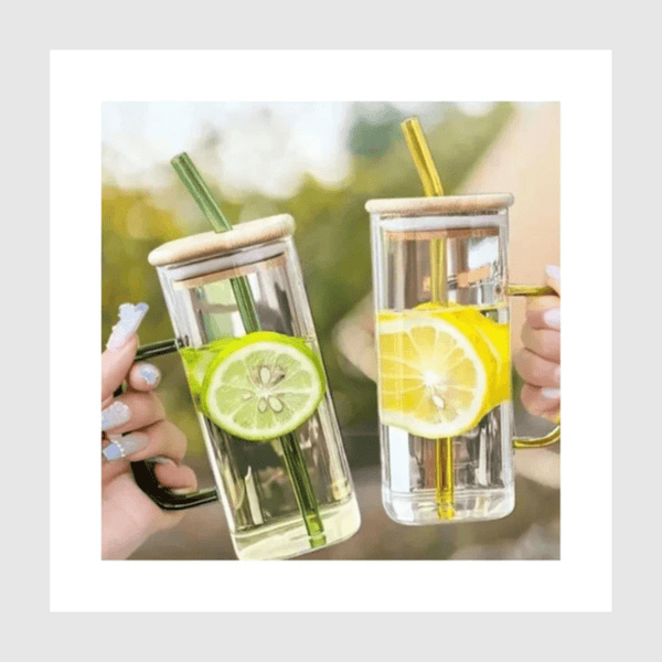 Square Glass Mug 400ml With Lid and Straw Breakfast Milk Cup Microwave Safe Transparent Coffee Mug Drinkware Glass - AlifdukanAlifdukan types here :)