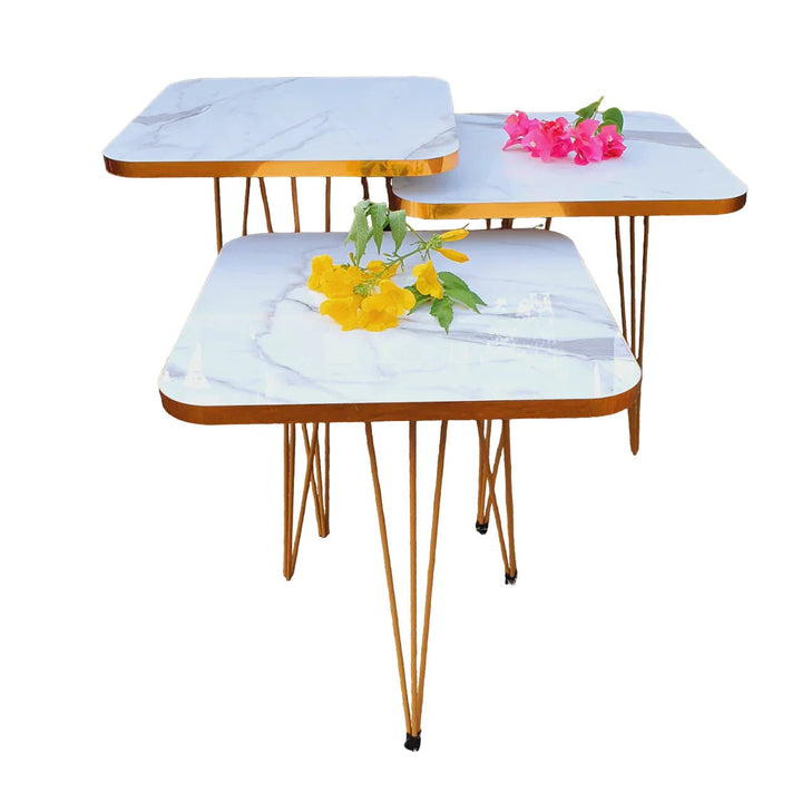 Square Metal Legs Table Set With Golden Border - 3 Pcs - AlifdukanAlifdukan types here :)