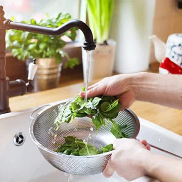 Stainless Steel Kitchen Fruit Vegetable Washing Basket, Steel Washing Filter Strainer, Micro Perforated Colander Draining, Handheld Spider Strainer - AlifdukanAlifdukan types here :)