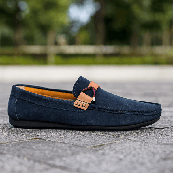 "Stylish Navy Blue Suede Loafers with Tan Strap Detail" - Alifdukanstylebyalif types here :)