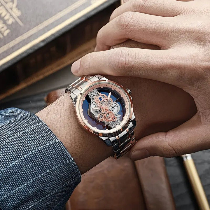 TPW Luxury Men's Rose Golden Skeleton Quartz Watch - Elegant Glow - in - the - Dark, Luminous Hands, Zinc Alloy Case with Faux Leather & Stainless Steel Band - AlifdukanAlifdukan types here :)