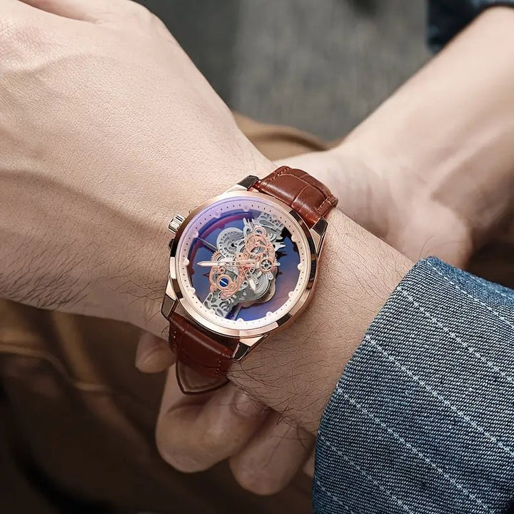 TPW Luxury Men's Rose Golden Skeleton Quartz Watch - Elegant Glow - in - the - Dark, Luminous Hands, Zinc Alloy Case with Faux Leather & Stainless Steel Band - AlifdukanAlifdukan types here :)