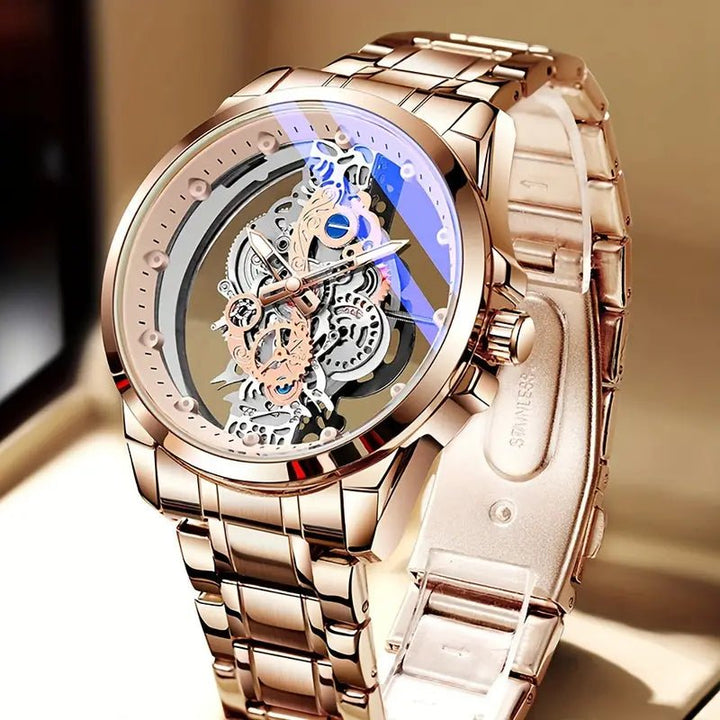 TPW Luxury Men's Rose Golden Skeleton Quartz Watch - Elegant Glow - in - the - Dark, Luminous Hands, Zinc Alloy Case with Faux Leather & Stainless Steel Band - AlifdukanAlifdukan types here :)