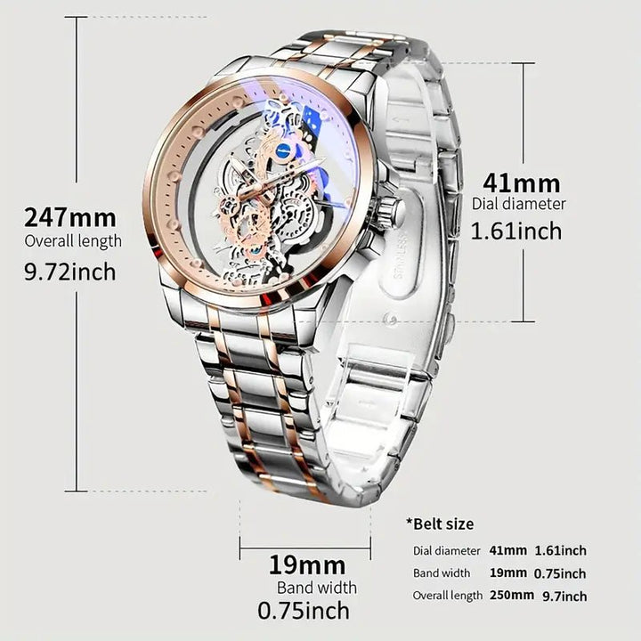 TPW Luxury Men's Rose Golden Skeleton Quartz Watch - Elegant Glow - in - the - Dark, Luminous Hands, Zinc Alloy Case with Faux Leather & Stainless Steel Band - AlifdukanAlifdukan types here :)