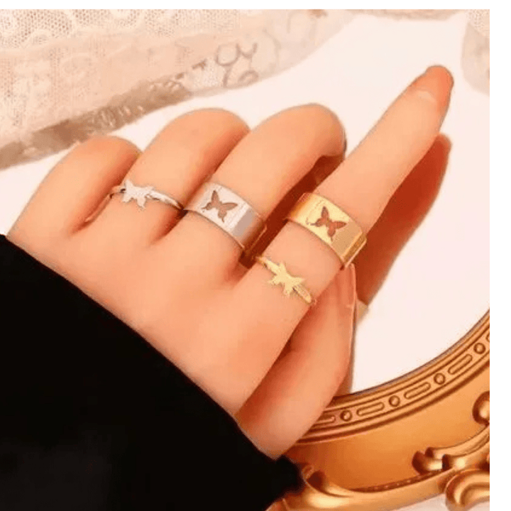 Trendy Couple Rings Stylish Rings For Couples Valentines Day Gift for Lovers Size: Adjustable Shapes: Butterfly, Moon, Star, LOVE, Lock&Key, Aero Plane and Heart - AlifdukanAlifdukan types here :)