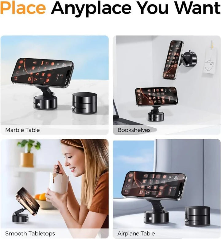 Vacuum Magnetic Suction Phone Holder, Retractable Folding Mobile Phone Stand, 360° Rotatable Suction Cup Phone Mount, Stand Magnetic Cell Phone Holder for Car/Gym/Mirror/Smooth Surface - AlifdukanPk Trendyhub types here :)