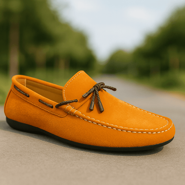 "Vibrant Orange Suede Driving Loafers – Casual Elegance" - Alifdukanstylebyalif types here :)
