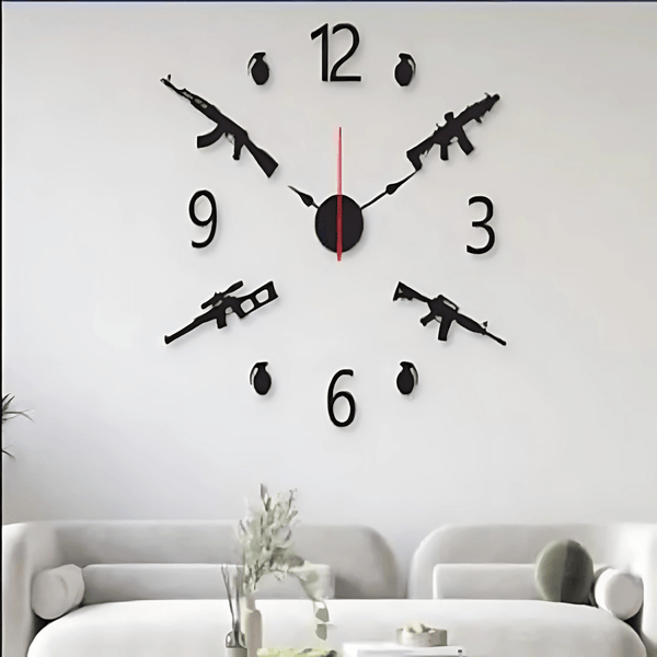 Wall clock with gun and bomb design on a white wall