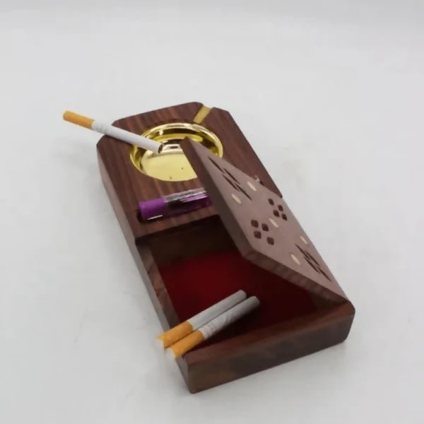 Wooden Ashtray, Ashtray With Ciggrette Box, Creative Ashtray With Brass Work. - AlifdukanBUY AURA.PK types here :)