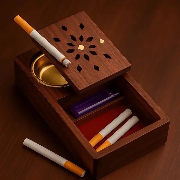 Wooden Ashtray, Ashtray With Ciggrette Box, Creative Ashtray With Brass Work. - AlifdukanBUY AURA.PK types here :)